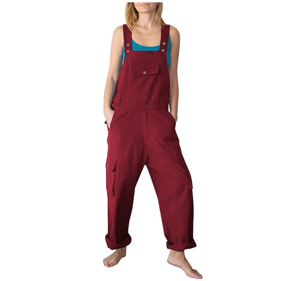 Usmixi Womens Jumpsuits Casual Plus Size Cotton Linen Strap Long Jumpsuits Overalls with Pocket Trendy Solid Square Neck Sleeveless Maxi Summer Rompers Wine l