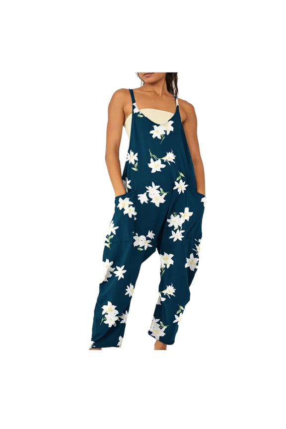 Usmixi Womens Jumpsuits Loose Wide Leg Spaghetti Strap Long Jumpsuits Overalls with Pocket Casual Leopard Print V-Neck Sleeveless Maxi Summer Rompers Dark Blue m