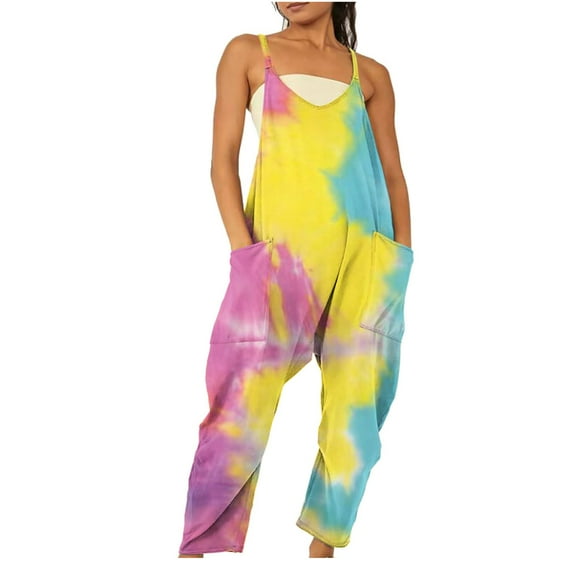 Usmixi Jumpsuits for Women Loose Wide Leg Spaghetti Strap Long Jumpsuits Overalls with Pocket Summer Fashion Leopard Print V-Neck Sleeveless Maxi Rompers Multicolor l