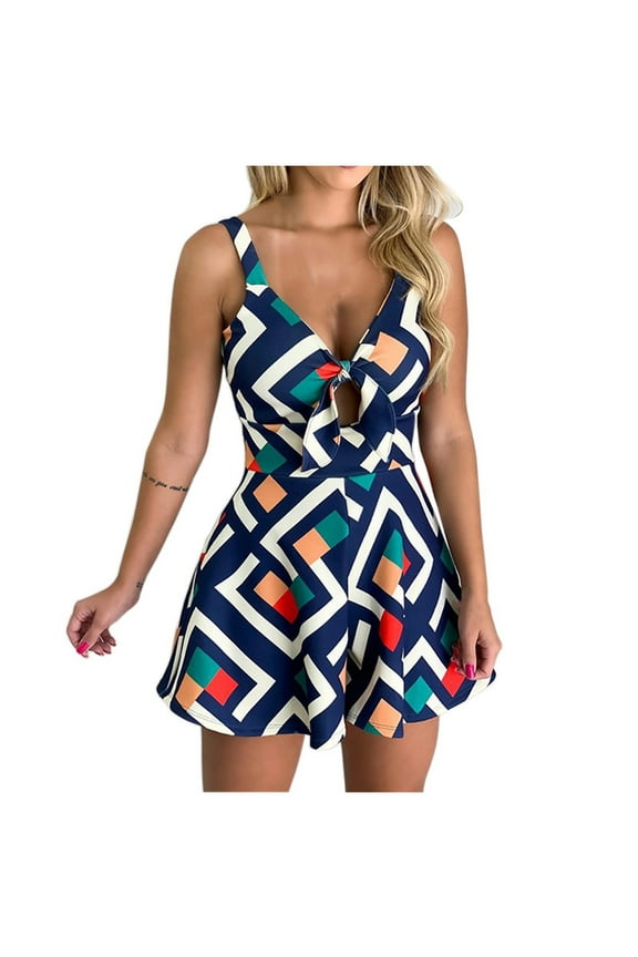 Usmixi Womens Jumpsuits Plus Size Tie Front Sexy Hollowed Empire Waist Short Jumpsuits Trendy Geometric Print V-Neck Sleeveless Mini Summer Rompers Blue xl