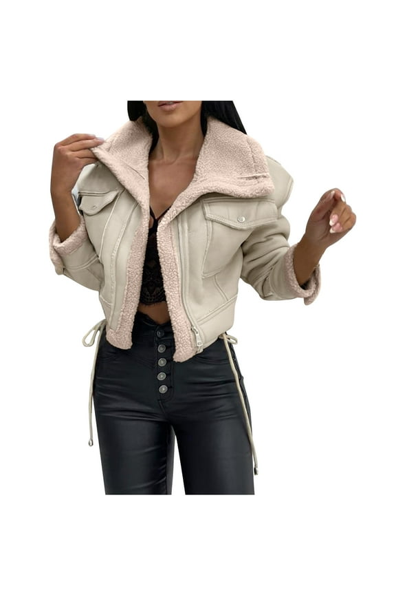 Usmixi Womens Leather Jacket Bomber Jacket for Women Fashion Motorcycle Style Faux Leather Coat Long Sleeve Lapel Open Front Zip Lamb Plush Outwear Winter Leather Jacket