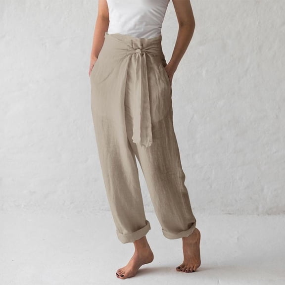 Usmixi Womens Loose Straight Leg Pants Casual Solid High Waist Plus Size Trousers Comfy Breathable Cotton Linen Leisure Wear Belt Long Pants with Pocket Khaki XL