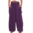 thumbnail image 1 of Usmixi Womens Loose Wide Leg Trousers Casual Solid Cotton Linen Elastic Waist Long Pants Comfy Lightweight Drawstring Pants with Pocket Purple m, 1 of 7
