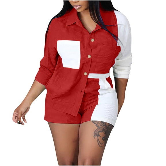 Usmixi Womens Lounge Set Womens 2 Piece Button Outfits Fashion Color Patchwork Lapel Long Sleeve Corduroy Shirts and Shorts Lounge Sets Ladies Jacket Shirt Matching Sets