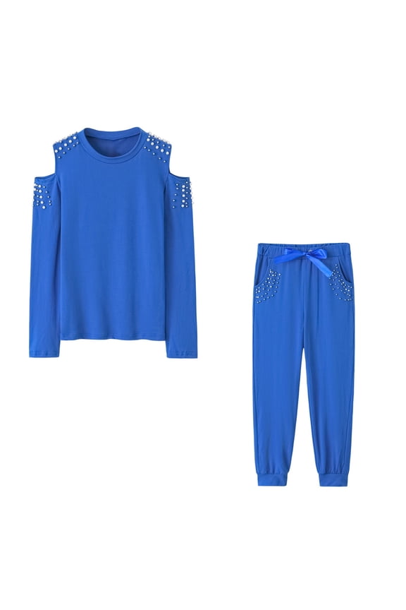 Usmixi Womens Lounge Set Womens 2 Piece Outfits Sets Fashion Cold Shoulder Long Sleeve Pullover Tops and Jogger Pants Tracksuit Sets Bead Design Lounge Sets