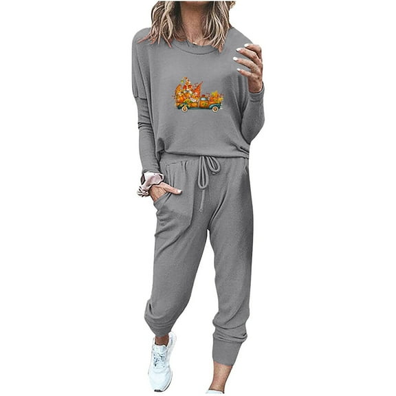 Usmixi Womens Lounge Set Womens Thanksgiving Day 2 Piece Outfits Car Print Long Sleeve Pullover Top Drawstring Elastic Waist Pant Sets Casual Pocket Loungewear Sets Fall Saving