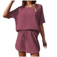 thumbnail image 1 of Usmixi Womens Loungewear Set Knit 2 Piece Outfits for Women Short Sleeve Round Neck Tops and Drawstring Shorts Lounge Sets Casual Solid Pajamas Sets Homewear Sleepwear Set, 1 of 5