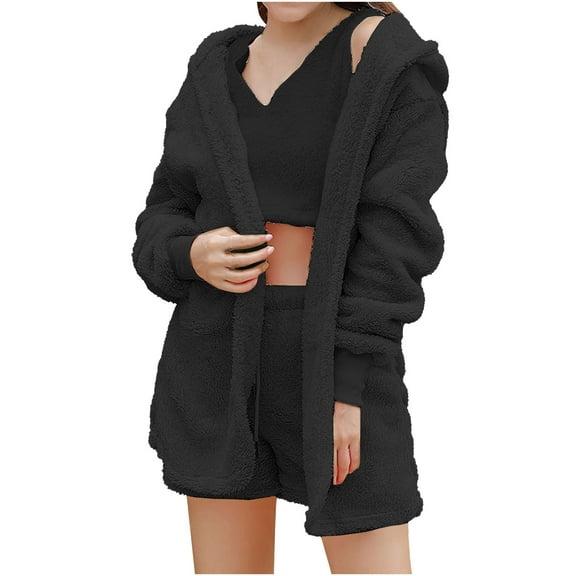 Usmixi Womens Pajama Set Fleece Pajamas Sets for Women Winter Cozy Fuzzy Plush 3 Piece Outfits Fluffy Sherpa Cardigan Coat and Tank Shorts Suits Homewear Loungewear Sets on Sale