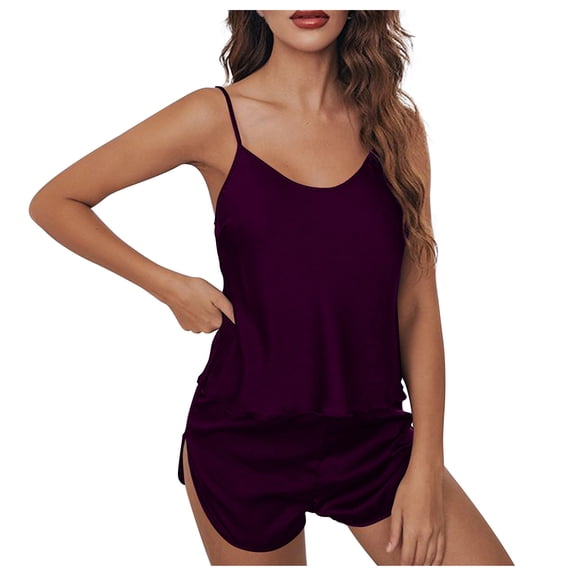 Usmixi Womens Pajama Set Womens Pajamas Sets Silky Satin Sleepwear 2 Piece Outfits V Neck Sleeveless Camisole Top and Shorts Homewear Set Casual Solid Loungewear Sets