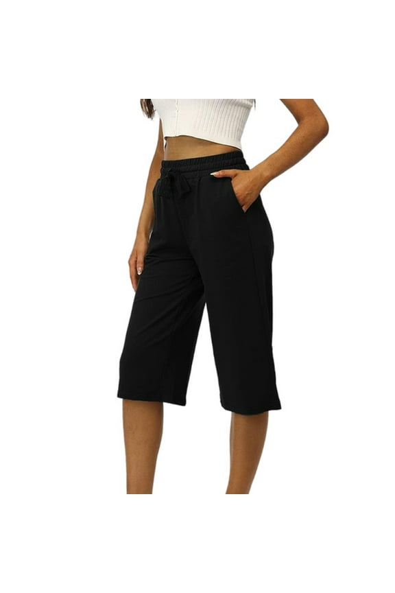 Usmixi Womens Plus Size Capris Pants Casual Solid Drawstring Elastic Waist Cropped Trousers Summer Lightweight Straight 3/4 Pants with Pocket Black XXL