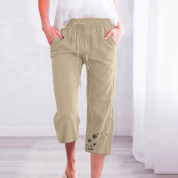 Usmixi Womens Plus Size Straight Cropped Trousers Casual Dandelion Print Cotton Linen Comfy Pants Drawstring Elastic Waist 3/4 Pants with Pocket Beige m