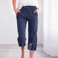thumbnail image 1 of Usmixi Womens Plus Size Straight Cropped Trousers Casual Dandelion Print Cotton Linen Comfy Pants Drawstring Elastic Waist 3/4 Pants with Pocket Navy s, 1 of 4