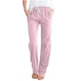 thumbnail image 1 of Usmixi Womens Plus Size Wide Leg Trousers Casual Solid Drawstring Elastic Waist Long Pants Leisure Cotton Linen Loose Straight Pocket Trousers Pink XL, 1 of 5