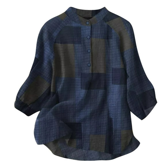 Usmixi Womens Shirts 3/4 Sleeve Crewneck Color Patchwork Summer Tops Fashion Button Down Plus Size Comfy Cotton Linen Blouse Blue s