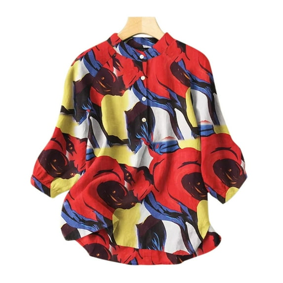 Usmixi Womens Shirts 3/4 Sleeve Crewneck Color Patchwork Summer Tops Fashion Button Down Plus Size Comfy Cotton Linen Blouse