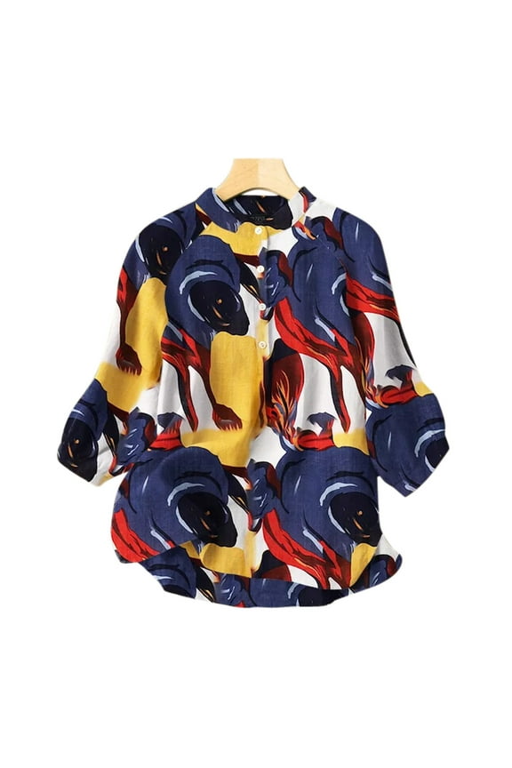 Usmixi Womens Shirts 3/4 Sleeve Crewneck Color Patchwork Summer Tops Fashion Button Down Plus Size Comfy Cotton Linen Blouse