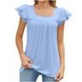 thumbnail image 1 of up to 60% off Gifts Usmixi Womens Shirts Fashion Lace Petal Sleeve Smocked Swing Tunic Tops Summer Short Sleeve Square Neck Ladies Solid Tops and Blouses Sky Blue XL, 1 of 7