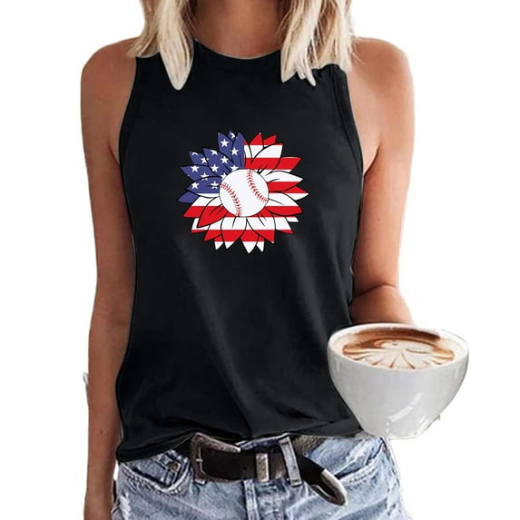 Usmixi Womens Shirts Sleeveless Crewneck Baseball Sunflower Print Tank Tops 4th July Independence Day Loose Fit Racerback Tank Tops Black L