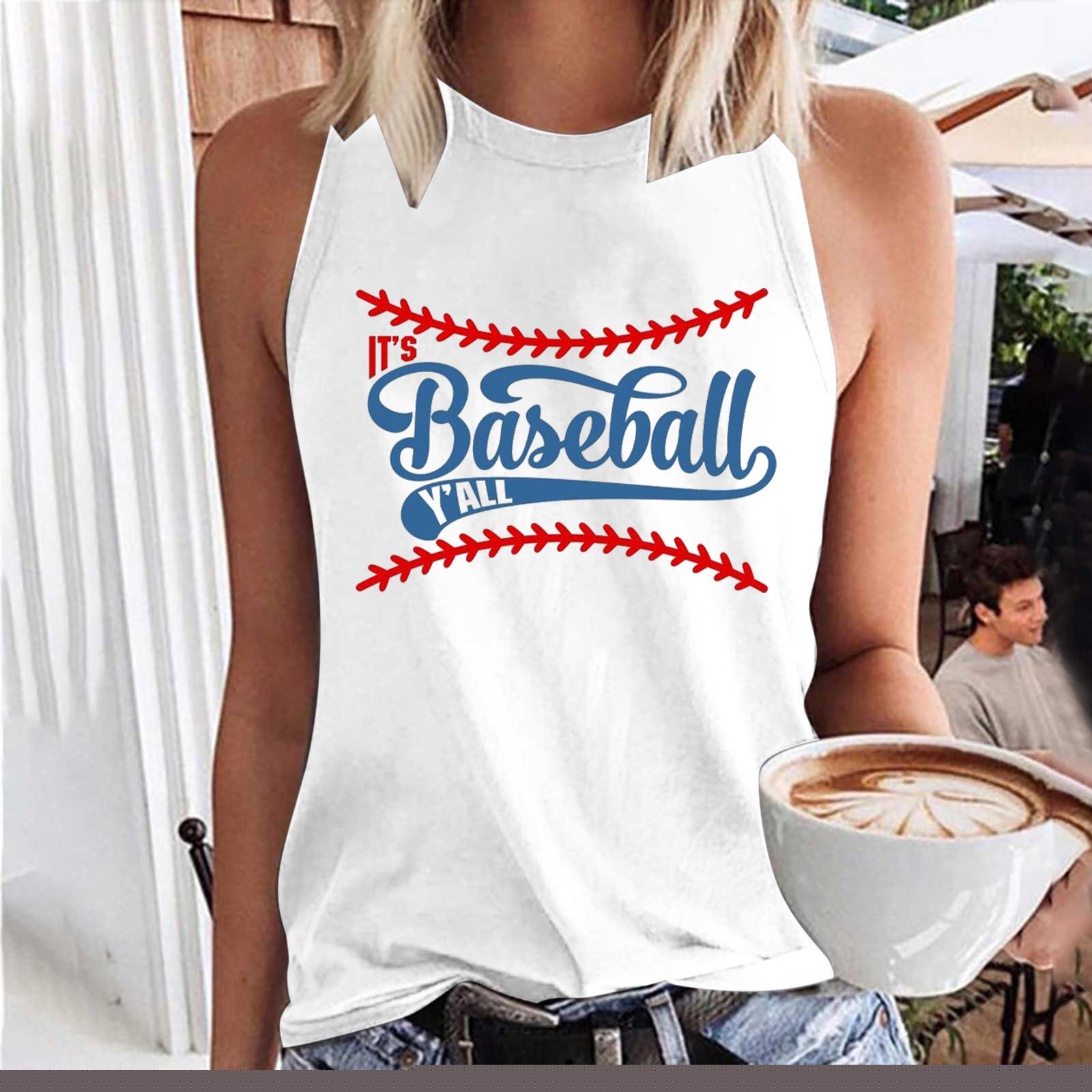 Usmixi Womens Shirts Sleeveless Round Neck Baseball Letter Print Tank Tops Fashion Graphics Loose Fit Ladies Racerback Tank Tops Light Blue M