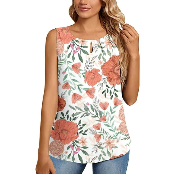 Usmixi Womens Shirts Sleeveless Round Neck Floral Print Tank Tops Summer Fashion Hollowed Smocked Lightweight Loose Vest Blouse Red XL