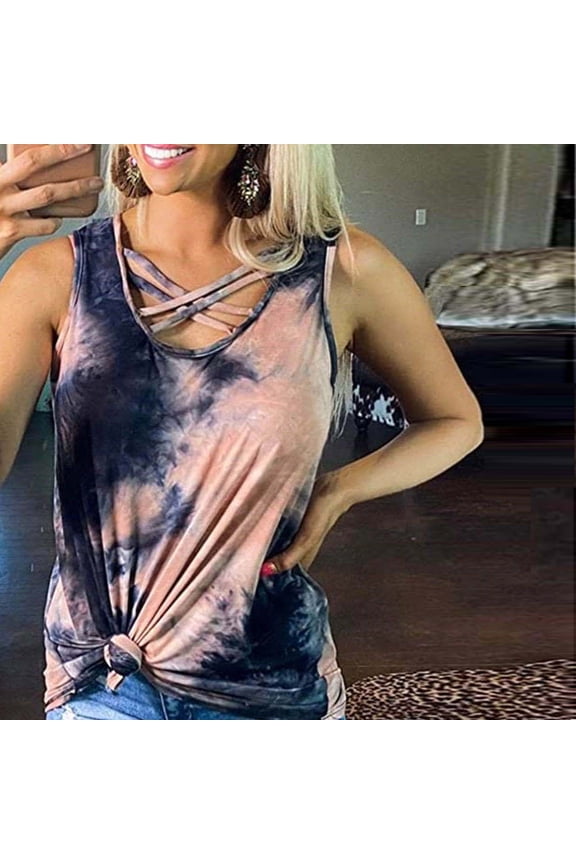 Usmixi Womens Shirts Sleeveless U-Neck Tie-Dye Print Tank Tops Summer Plus Size Fashion Strappy Twist Knotted Vest Blouses Dark Blue XL
