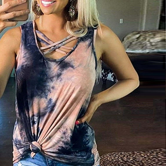 Usmixi Tank Top for Women Tie-Dye Print U-Neck Sleeveless T Shirts Summer Plus Size Fashion Strappy Twist Knotted Vest Blouses Dark Blue XXL Clearance Clothes