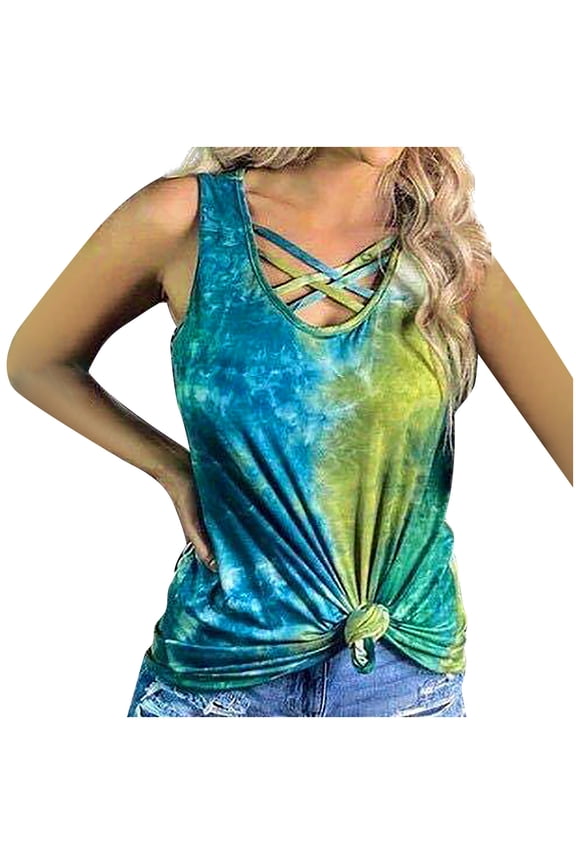 Usmixi Womens Shirts Sleeveless U-Neck Tie-Dye Print Tank Tops Summer Plus Size Fashion Strappy Twist Knotted Vest Blouses Green S