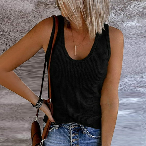 Usmixi Womens Shirts Sleeveless V-Neck Solid Tank Tops Plus Size Casual Knitted Ribbed Basic Vest Blouses Black M