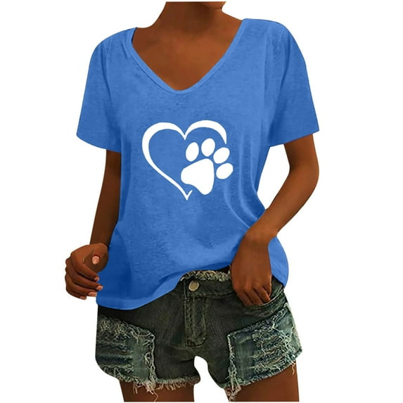 Usmixi Womens Shirts V-Neck Short Sleeve Cat Paws Print Summer Cute Tops Plus Size Breathable Fashion Ladies Cute Tee Blouses Blue xxl Under $5
