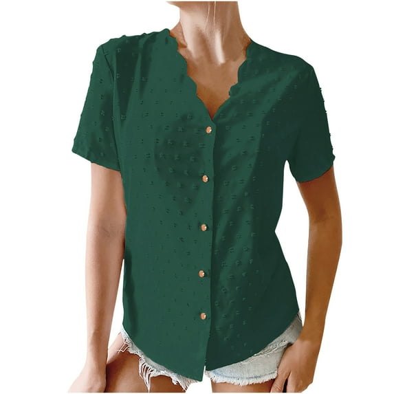 Usmixi Womens Shirts V-Neck Short Sleeve Solid Summer Cute Tops Casual Button Down Lightweight Chiffon Cardigan Blouses Green xxl Clothes