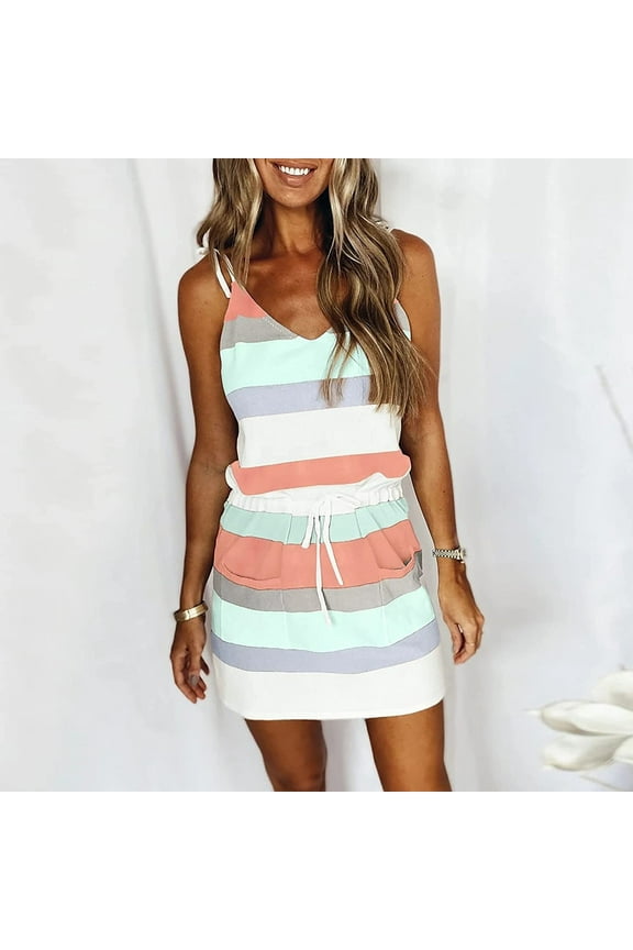 Usmixi Womens Summer Mini Sundress Vacation Floral Print Drawstring Pocket Short Dress V Neck Sleeveless Spaghetti Strap Dresses for Beach Hot Pink XL Up to 65% off