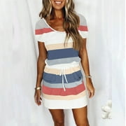 WYCNLY Usmixi Womens Summer Mini Sundress Vacation Floral Print Drawstring Pocket Short Dress V Neck Sleeveless Spaghetti Strap Dresses for Beach Light Blue S Up to 65% off