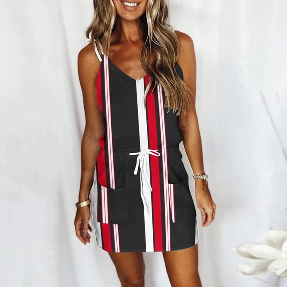 Usmixi Womens Summer Mini Sundress Vacation Floral Print Drawstring Pocket Short Dress V Neck Sleeveless Spaghetti Strap Dresses for Beach Red L Up to 65% off