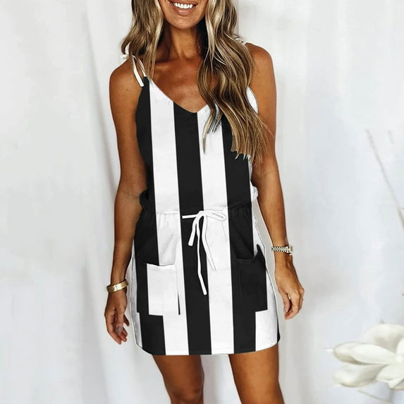 Usmixi Womens Summer Mini Sundress Vacation Floral Print Drawstring Pocket Short Dress V Neck Sleeveless Spaghetti Strap Dresses for Beach White M Up to 65% off
