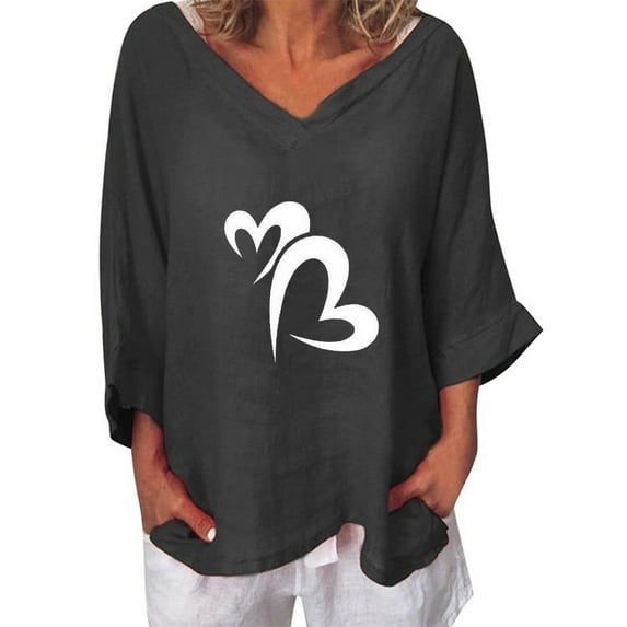 ZZwxWA Womens Summer Tops 3/4 Sleeve V-Neck Heart Print T Shirts Casual Loose Cotton Linen Plus Size Pullover Blouses Black M