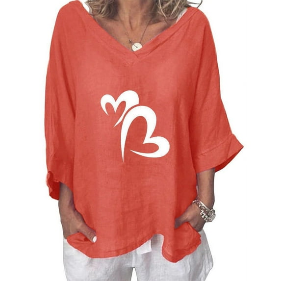 ZZwxWA Womens Summer Tops 3/4 Sleeve V-Neck Heart Print T Shirts Casual Loose Cotton Linen Plus Size Pullover Blouses Orange L