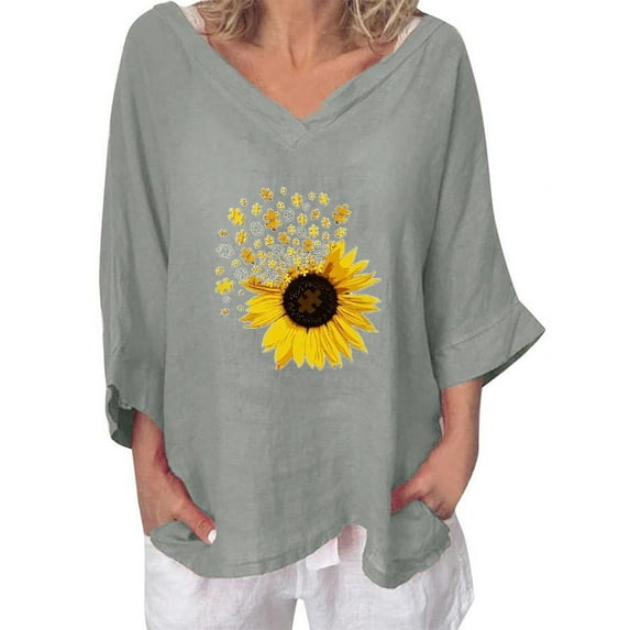 ZZwxWA Womens Summer Tops 3/4 Sleeve V-Neck Sunflower Print T Shirts Fashion Breathable Cotton Linen Plus Size Pullover Blouses Gray XXXL
