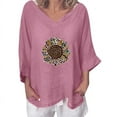 thumbnail image 1 of Usmixi Womens Summer Tops 3/4 Sleeve V-Neck Sunflower Print T Shirts Fashion Loose Cotton Linen Plus Size Pullover Blouses Pink S, 1 of 5