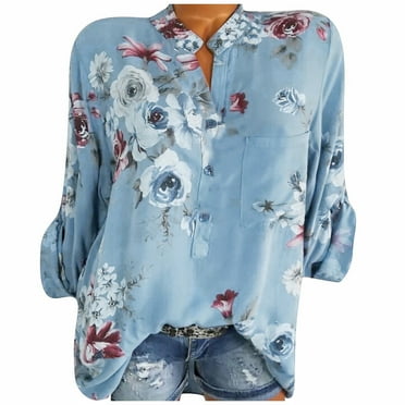 ZZwxWA Womens Summer Tops Elbow-Length V-Neck Floral Print T Shirts Fashion Lapel Button Down Plus Size Lightweight Blouses Blue XL
