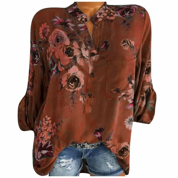 ZZwxWA Womens Summer Tops Elbow-Length V-Neck Floral Print T Shirts Fashion Lapel Button Down Plus Size Lightweight Blouses Coffee XL