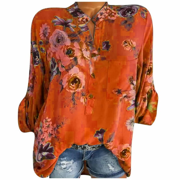 ZZwxWA Womens Summer Tops Elbow-Length V-Neck Floral Print T Shirts Fashion Lapel Button Down Plus Size Lightweight Blouses Orange XXXXXL