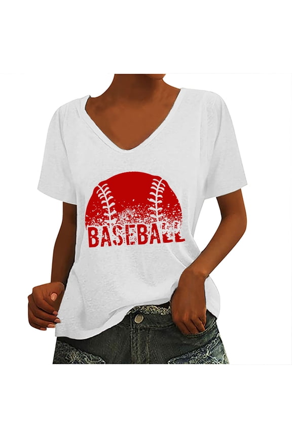 Usmixi Womens Summer Tops Short Sleeve V-Neck Baseball Letter Print T Shirts Mother's Day Plus Size Breathable Comfy Pullover Blouses White XXL