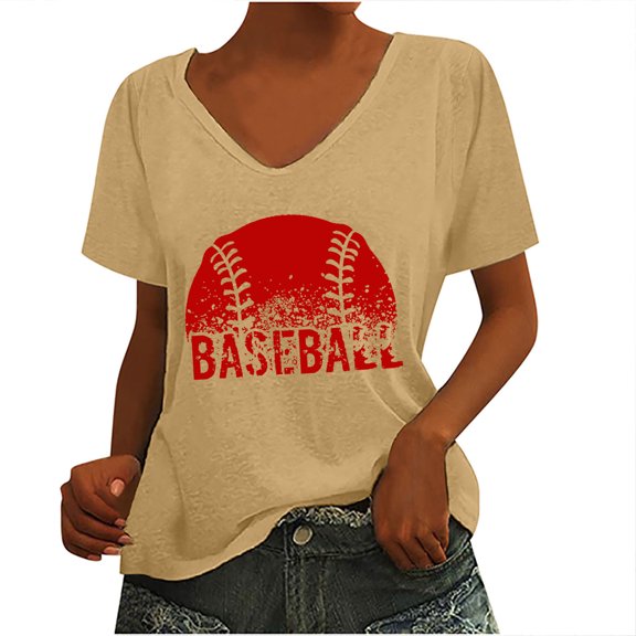Usmixi Womens Summer Tops Short Sleeve V-Neck Baseball Letter Print T Shirts Mother's Day Plus Size Breathable Comfy Pullover Blouses Yellow S