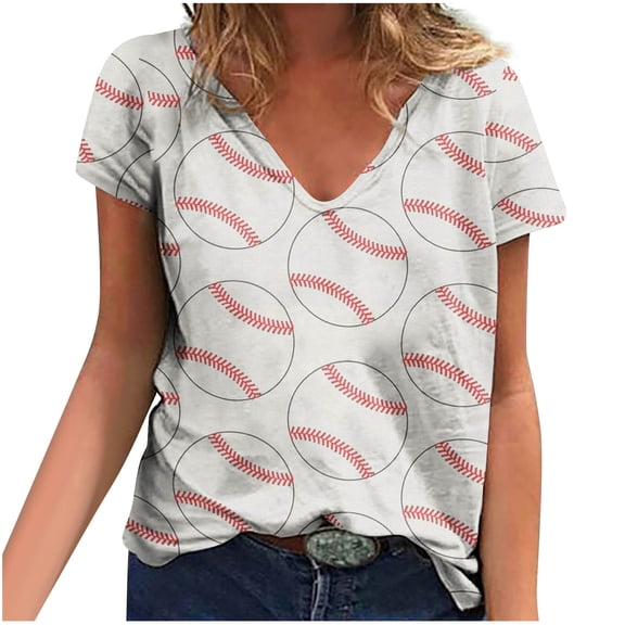 Usmixi Womens Summer Tops Short Sleeve V-Neck Baseball Print T Shirts Fashion Loose Lightweight Comfy Tunic Blouses Red L