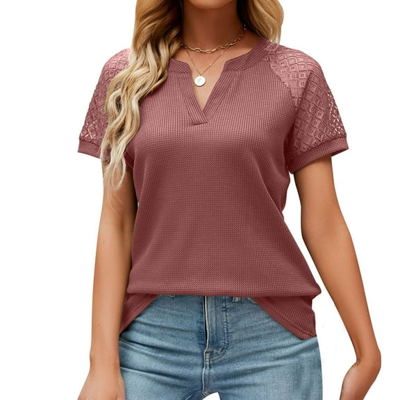 Usmixi Womens Summer Tops Short Sleeve V-Neck Solid Shirts Sexy Lace Trim Soft Knitted Waffle Tunic Blouse Red M