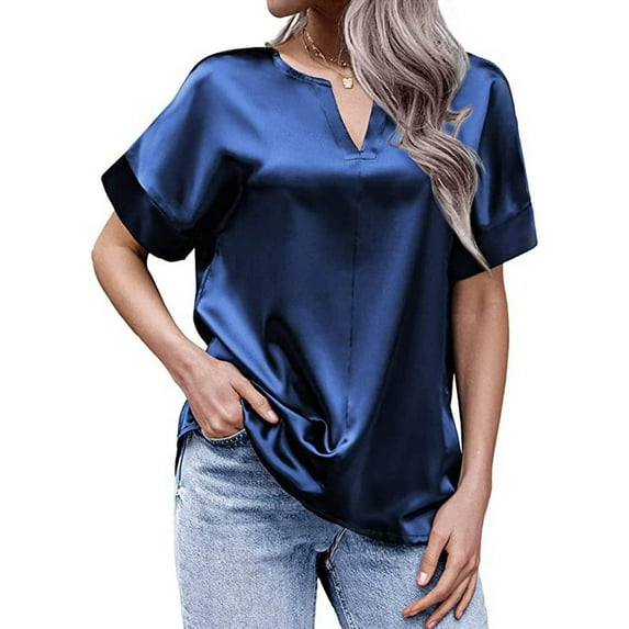 Usmixi Womens Summer Tops Short Sleeve V-Neck Solid T Shirts Casual Lightweight Silky Satin Home Pullover Blouses Blue xxl