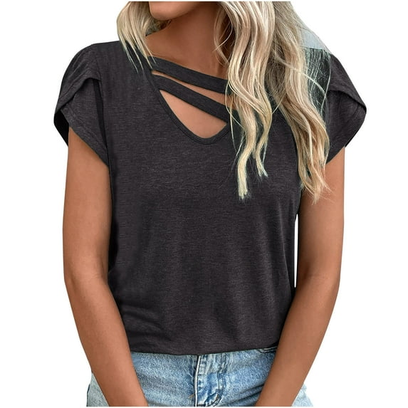 ZZwxWA Womens Summer Tops Short Sleeve V-Neck Solid T Shirts Casual Petal Sleeve Hollowed Breathable Tunic Blouses Dark Gray S