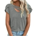 thumbnail image 1 of Usmixi Womens Summer Tops Short Sleeve V-Neck Solid T Shirts Casual Petal Sleeve Hollowed Breathable Tunic Blouses Gray XL, 1 of 4