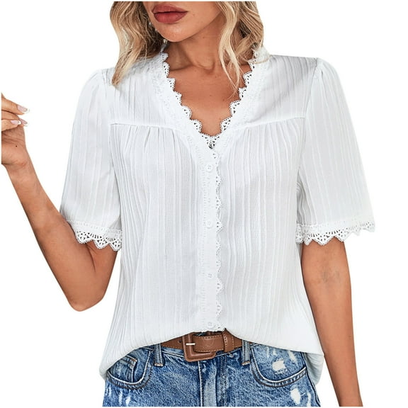 ZZwxWA Womens Summer Tops Short Sleeve V-Neck Solid T Shirts Elegant Lace Patchwork Loose Lightweight Blouses White XL