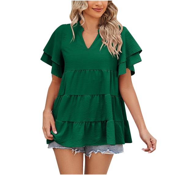 ZZwxWA Womens Summer Tops Short Sleeve V-Neck Solid T Shirts Ruffle Sleeve Loose Flowy Swing Tunic Blouses Green M